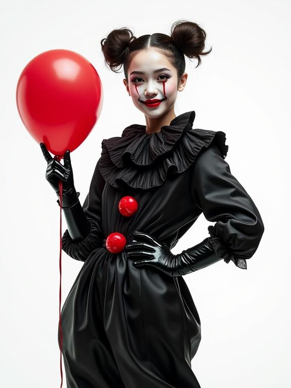 Realistic young slim petite female smiling with dimples dressed as creepy clown in black and white shiny specular baggy clown suit with black shiny gloves wearing white black red clown face paint holding red balloon with dark slick round pigtails