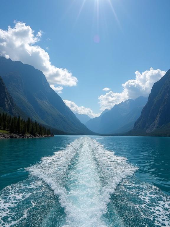 A scenic view of Lago Argentino. The image shows a bright sunny day with clear blue skies. Mountains surround the lake with lush forest on the banks. A boat is visible creating a wake on the turquoise water.