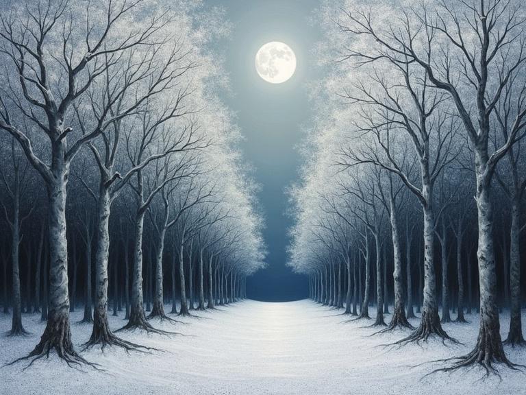 A tree forest with gray trunks and white leaves stretching into a gloomy sky. The ground covered with white tree roots and leaf litter. A sorrowful moon illuminates the scene. Main colors white, gray, black, and dark blue. Artistic style of oil painting.