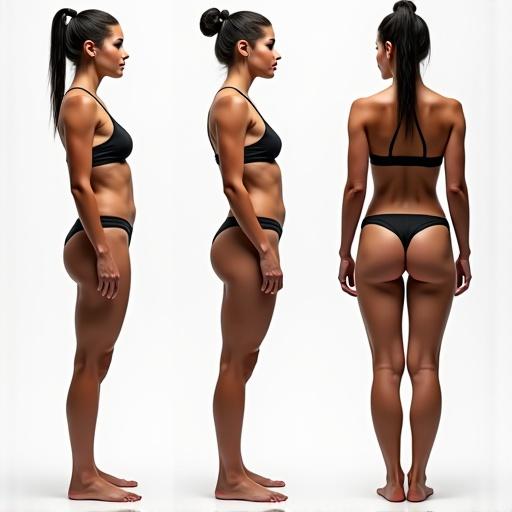 Athletic female model posing in bikini. Shows slim defined body in multiple angles. Black bikini highlighting fitness and beauty.
