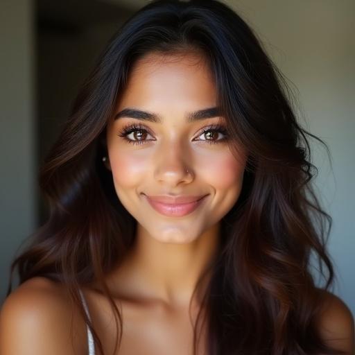 A young Indian woman with light ivory skin and a peachy glow. She has large brown eyes, long eyelashes, and delicate dark eyebrows. A small upturned nose and full pink lips create her gentle smile. Her oval face has soft cheeks and a delicate jawline. Her long glossy dark brown hair is in loose waves and a middle part. She wears a diamante nose stud. The portrait exudes joy and warmth in a professional quality setting.
