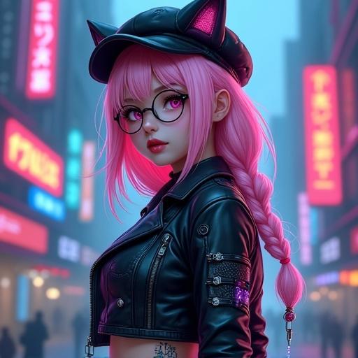 Female warrior with pink hair and black cat ear hat wearing a leather jacket that falls off one shoulder. She has gothic boots with fishnets. The background shows a cyberpunk city with neon signs. Character looks cute with visible round glasses, black painted nails, and red lipstick. Cybernetic tattoo on right leg. Glaive on back glows with blue and purple circuits.