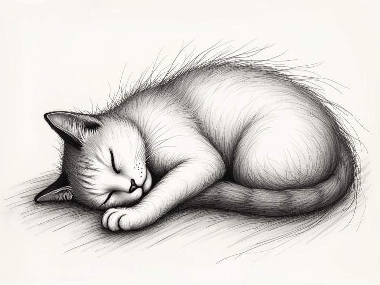 A detailed sketch of a cat sleeping. The cat is curled up with a fluffy appearance. The drawing uses scratchy lines to create texture and detail.