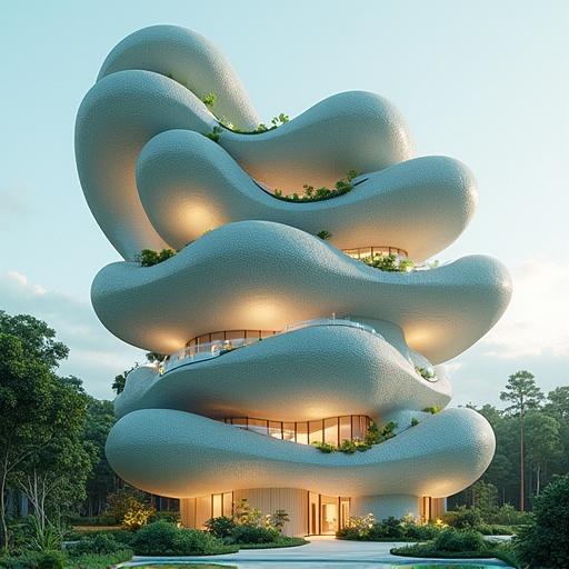 Futuristic biotech building shaped like a living organism. Structure covered with semi-transparent biofilm skin. Grown from mycelium and algae structures. Adaptive luminous membranes enhance visual appeal. Spiraling tower design captures attention. Partially translucent walls glow with soft bioluminescence. Surrounded by a regenerative garden ecosystem.
