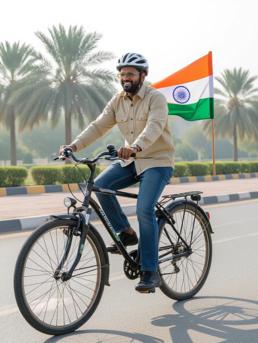 Image of an Indian man cycling wearing a helmet. Indian national flag attached to bicycle. Palm trees in the background. Clear weather and open road.