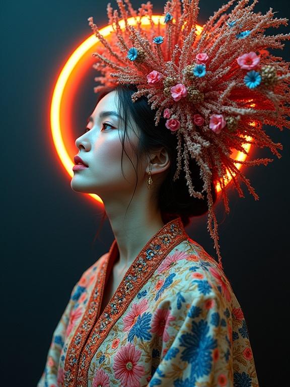 Surreal portrait of a woman with a floral headdress and a neon halo. Blend of molecular techniques and traditional crafts. Inspired by Eiko Ishioka's aesthetic. Colorful and vibrant background. Focus on elaborate details of attire.