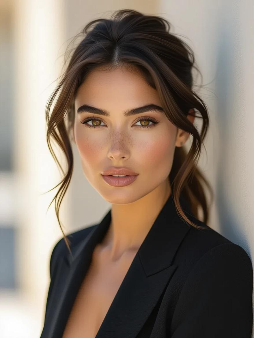 Stunning confident woman with olive-toned skin gazing into the camera. She has full eyebrows and subtle freckles. Her dark tousled hair frames her face. Wearing a fitted dark blazer with a deep neckline. Soft golden lighting highlights her cheekbones and glowing skin. Background is blurred for intimacy. Wide shot where she walks toward the camera. Low angle shot as she sits confidently. Close-up of glove tracing her lips. Shallow depth of field with soft shadows and film grain.