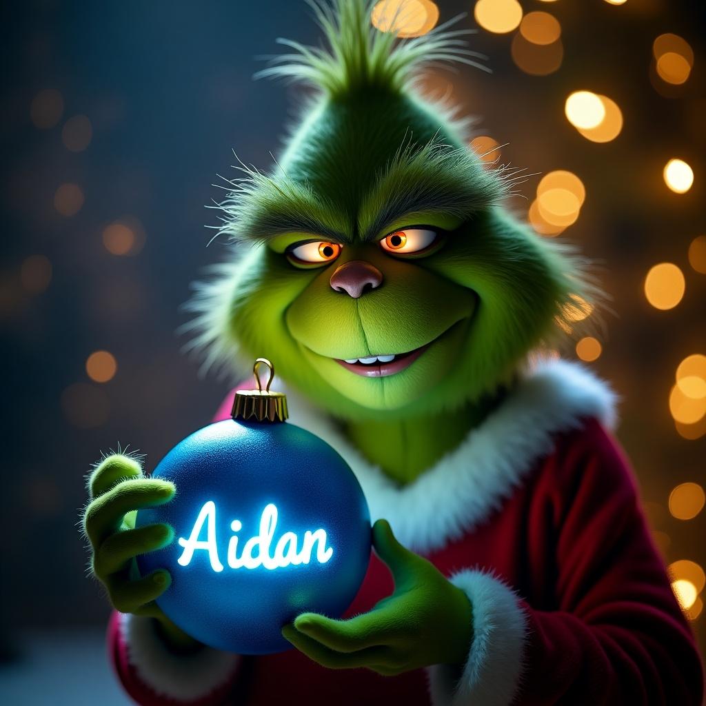 A Grinch character holds a blue Christmas bauble with Aidan written in elegant script. The bauble glows, illuminating the dark surroundings. Twinkling Christmas lights create a festive atmosphere. Perfect for Christmas-themed designs.