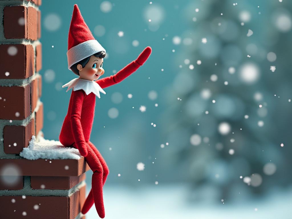 Elf on the shelf waves bye and goes to the north pole. Elf on the shelf with a red costume and white collar on the chimney. Snowflakes falling softly in a winter setting. Text saying bye.