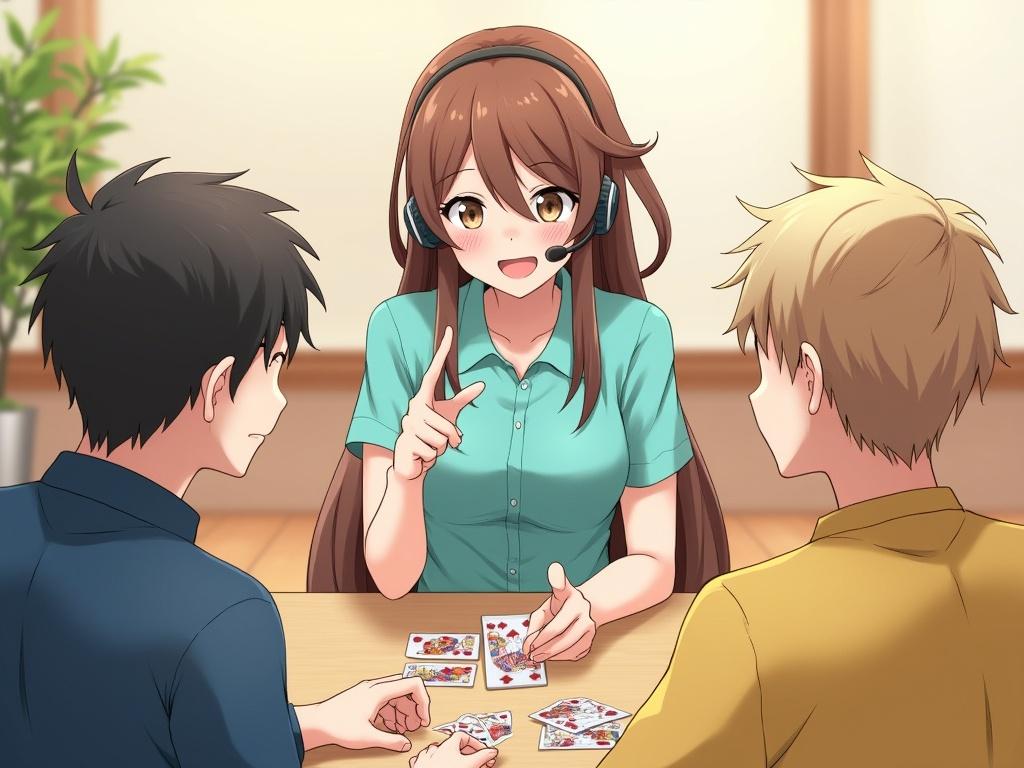 The image features a female character with long brown hair styled in a half-up, half-down fashion, wearing a turquoise shirt and a headset. She has a cheerful expression while pointing and interacting with two male characters at a table. One male has dark hair and is wearing a blue shirt, while the other has light brown hair and is dressed in a yellow shirt. They are seated around a wooden table covered with cards. The setting has warm lighting and a soft, inviting atmosphere, with a hint of greenery in the background.