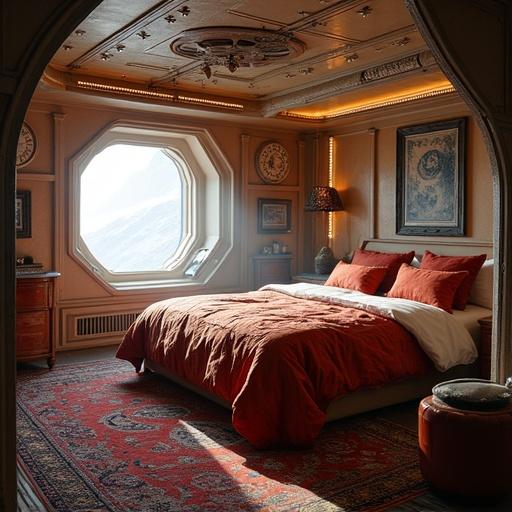 A cosy bedroom designed in a sci-fi aesthetic. Features warm colors, a large geometric window, and comfortable furnishings. The room combines luxury with futuristic elements.