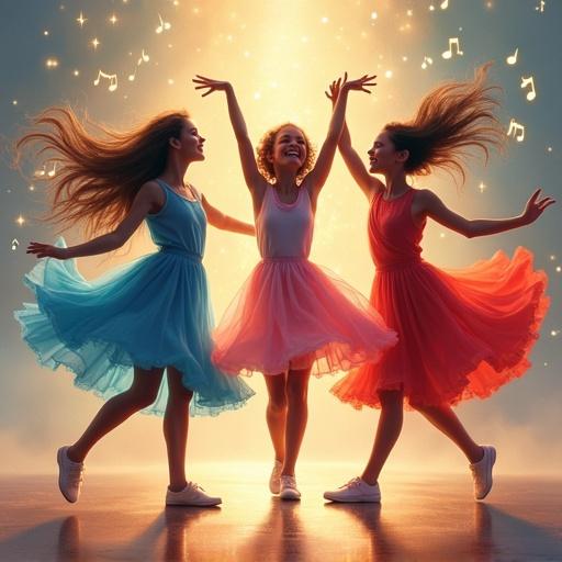 Three girls dance energetically in vibrant dresses. Each dancer showcases a unique pose. Their dresses flow beautifully with their movements. Hair swirls around in the air. Background features glowing lights and soft music notes. Scene conveys joy and grace.