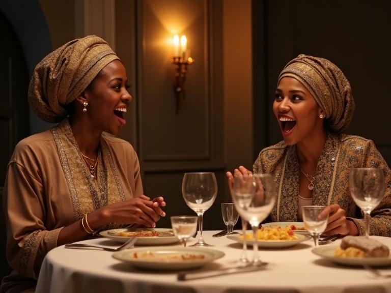 Image of two African Muslim women at a luxury dining table. They are joyfully conversing and engaged in lively discussion. The setting is warm and inviting with elegant tableware.