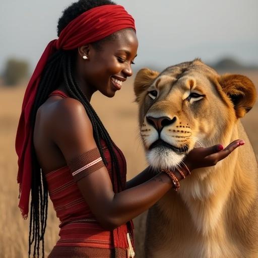 African woman with great beauty and wide smile wearing a red scarf, tribal hand markings, standing and caressing a lion.