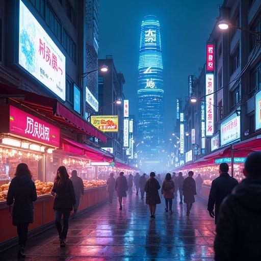 Photorealistic image of a cyberpunk marketplace at night. Holographic billboards illuminate the scene. Neon-lit food stalls are filled with diverse crowds. People wear augmented-reality visors. Wet pavement reflects vibrant colors. Steam rises from street vendors. A towering skyscraper with glowing Japanese kanji stands tall in the background. The atmosphere is high-energy and futuristic with electric blues, deep purples, and neon pinks.