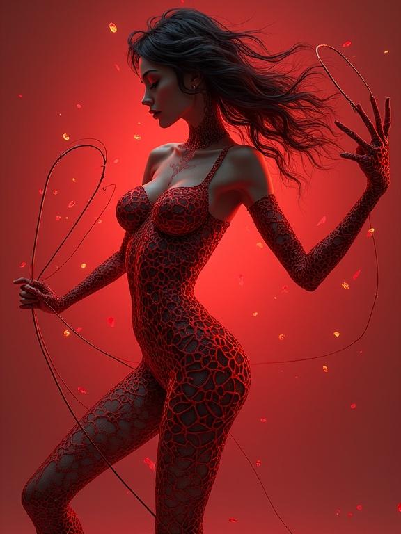 Hyperdetailed representation of a supermodel in a red string design. Model poses in a crack shape in a seductive manner. Rendered using 3D techniques.