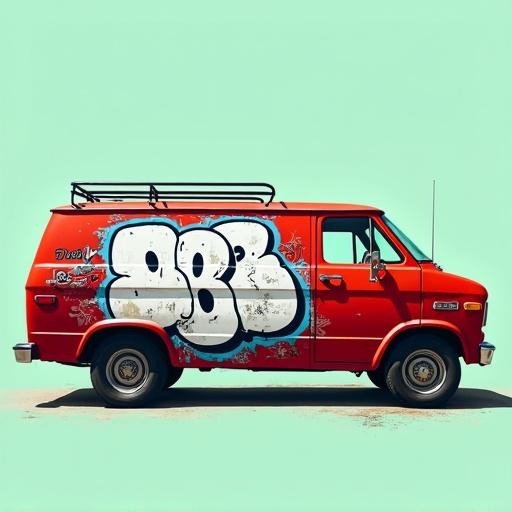 Hyperrealistic painting of a vintage red van with graffiti. The van shows urban art details against a light mint-green background. Captures the contrast of a classic vehicle and vibrant graffiti culture.