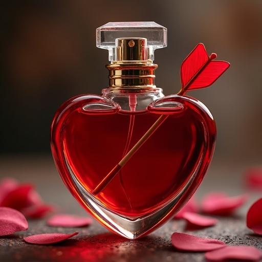 Heart-shaped perfume bottle with an arrow in the bottle and rose petals around it. Focus on the details of the bottle and arrow.