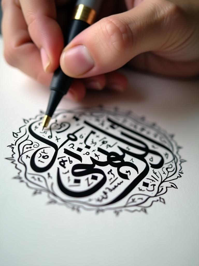 Close-up view of hand using pen to write Arabic calligraphy. Bold black ink on white paper. Steady hand focuses on letters. Surrounding designs enhance main calligraphy. Soft lighting enhances strokes. Alekya to be written. Inspirational phrase in Arabic included.