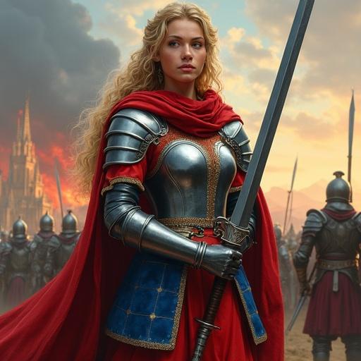 A powerful woman likely a queen or warrior commander. Long wavy blonde hair styled with a red headpiece. Wearing ornate battle attire: leather and metal corset, chainmail, puffed sleeves, long flowing skirt layered with armor elements. Dominant colors red, blue, gold, and steel. Holding a large sword vertically. Standing in front of an army or crowd with burning buildings and battle sky in the background. Epic detailed digital painting style.