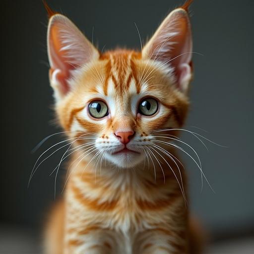 A close-up portrait of a cute orange kitten with big blue eyes and soft fur
