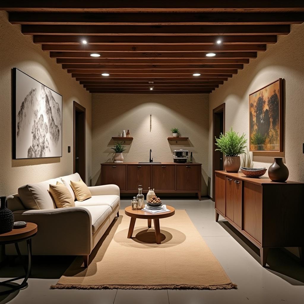 Cozy basement living space with modern furniture. Natural light from ceiling fixtures. Comfortable sofa, wooden cabinets, and a coffee table with snacks.