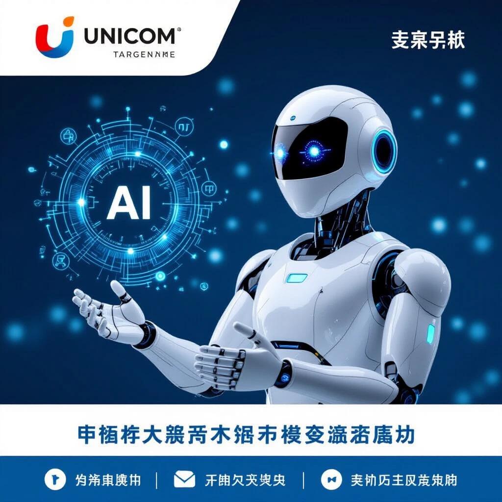 Generate a 16:9 poster themed around Unicom. The poster should have a high-tech feel and reflect the colors of China Unicom's logo. Include elements that represent AI.