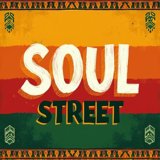 Social media post design featuring the words Soul Street. Bright colors in a gradient background with African-inspired patterns. The word 'SOUL' is large and brush-styled. 'STREET' is bold with green outline. Centered layout for impact.