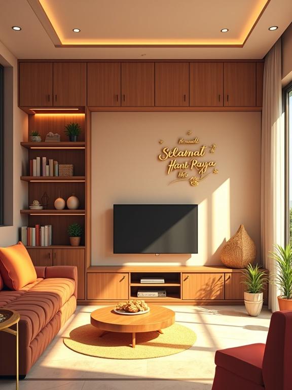 Digitally created image in a vibrant modern cartoon style showing a living room in Singapore. Features elegant wood carpentry, natural lighting, festive Islamic decorations, and a gold script greeting for Selamat Hari Raya Haji from Lam's Carpenter.