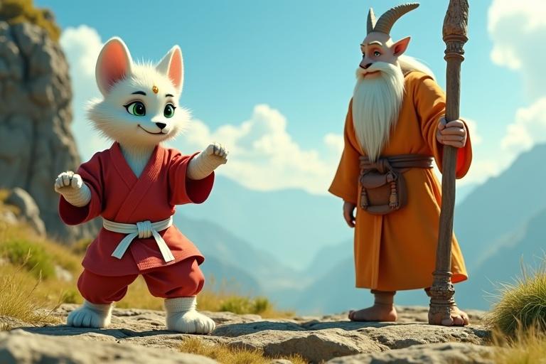 Kittuu is a white furred cat with emerald eyes practicing karate in a red gi. Sweat glistens on his fur. He has bandaged feet and a glowing golden mark on his forehead. Mahaguru is an old goat with a white beard observing him. Mahaguru wears orange-white robes. The scene is set in a vibrant rocky training ground under a bright blue sky.