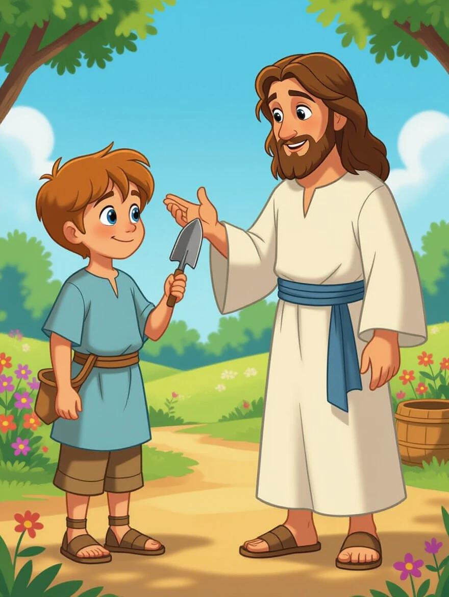 Disney style image of a boy and Jesus in a garden. The boy holds a small garden trowel. Jesus is making a gentle teaching gesture. The scene is sunny and inviting, focusing on the interaction between the characters.