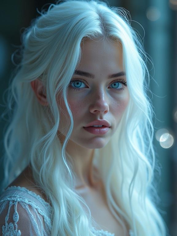 High-quality photorealistic image of an ethereal female figure with long white hair resembling polished liquid metal and striking blue eyes. Soft rim light creates a melancholic atmosphere. Background features bokeh lights for depth. Focus on brilliant lighting and dynamic composition.