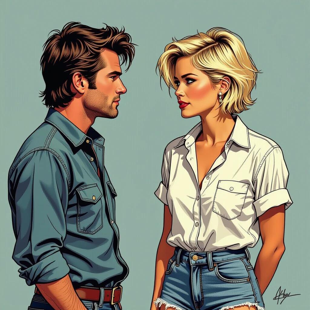 Illustration of two iconic actors in a side profile. A young blonde actress with a punky haircut wears a knotted white shirt with rolled sleeves and faded denim shorts. A male actor stands opposite to her. Both characters appear self-confident and challenging.