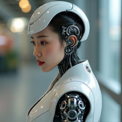 Portrait of a young Asian woman robot. Profile view focusing on robotic features. Modern technology aesthetics. Soft lighting enhances details.