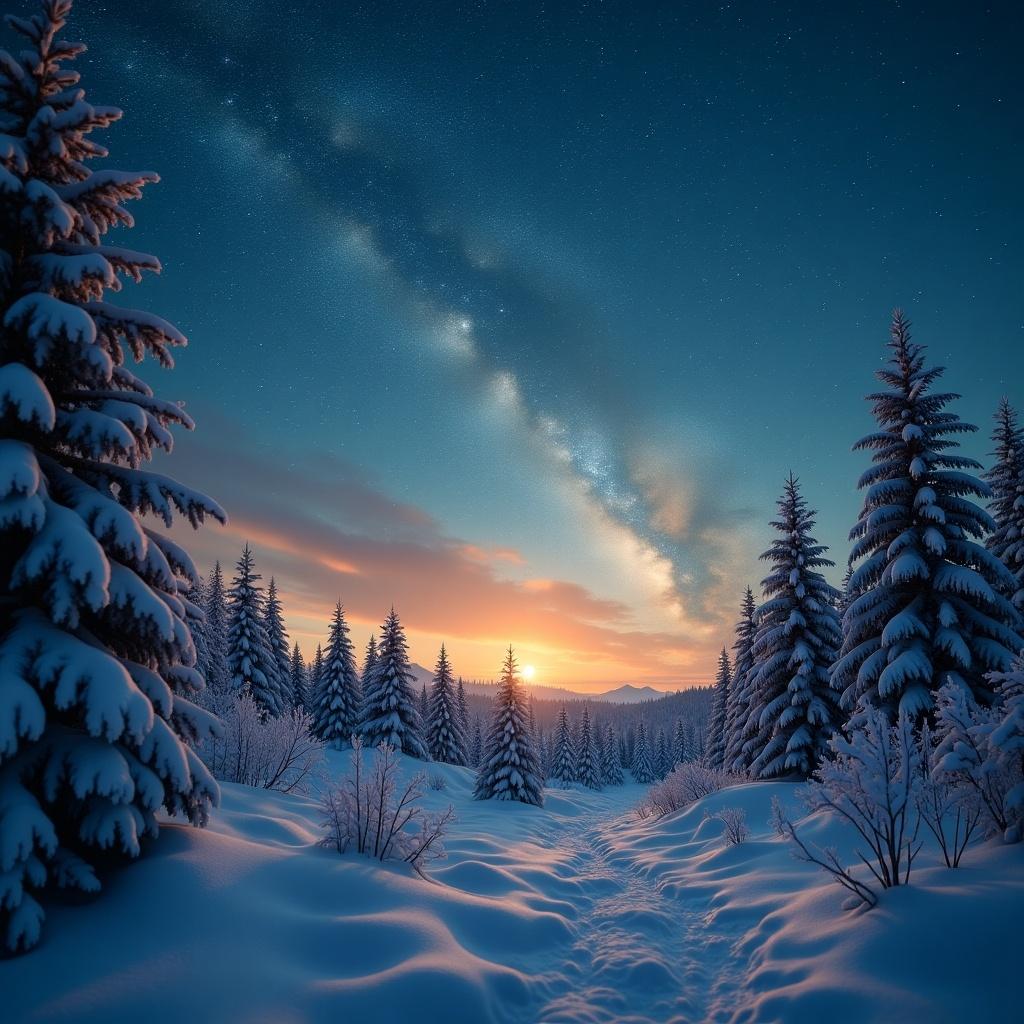 Snow-covered forest landscape at twilight. Milky Way visible in the sky. Path leading through snow. Christmas-themed atmosphere. Scenic view for winter.