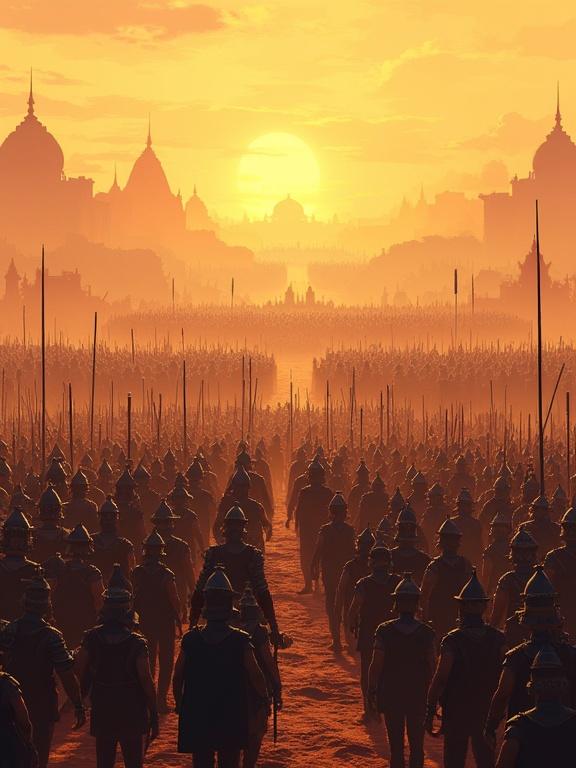 A vast battlefield at dawn shows thousands of pixel soldiers in ancient Indian armor. Pandava army arranges chariots and elephants. Kaurava army stands ready under Duryodhana’s command. Soldiers sharpen weapons blow conch shells and raise war flags. Commanders give instructions in the background. The scene is filled with dust and tension. High-detail 3D pixel art style captures the epic war atmosphere.