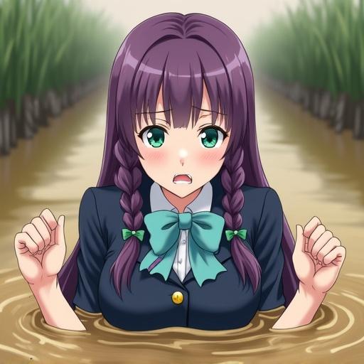 Anime character Nozomi Tojo depicted with long purple hair in twin braids and emerald green eyes. Character shows a worried expression, partially submerged in quicksand, arms raised in discomfort. Sand stains visible on uniform. Soft lighting in a swampy background with reeds.