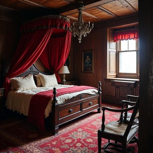 Describe a bedroom in a historic pirate ship setting. Include detailed elements like the bed, drapery, and furniture arrangement. Focus on the design and mood.