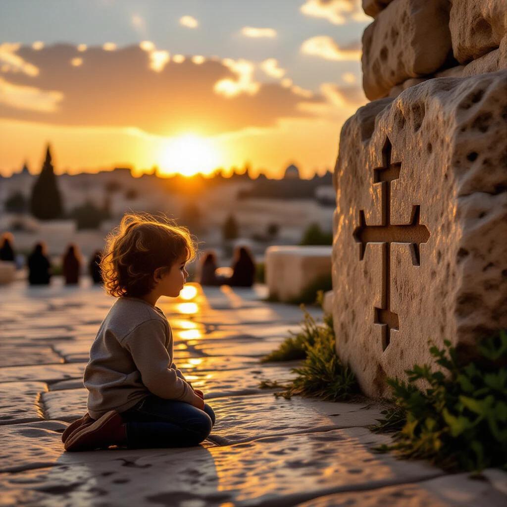 Quiet Jerusalem sunset. Child kneels by ancient stone etched with crossblade symbol. Golden light illuminates their face. Distant chanting echoes.