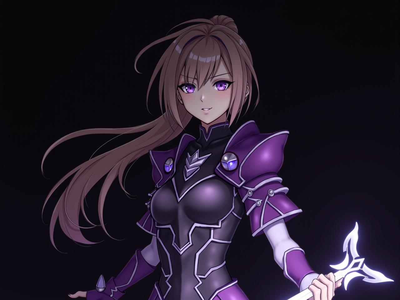 The image features a character with long hair styled in a ponytail and striking purple eyes. She wears an intricately designed purple and black armor that gives a formidable appearance. In her hand, she holds a sword that glows, suggesting it's imbued with magical energy. The background is dark, emphasizing the character's striking features and armor. This character seems to exude confidence and strength, ready for battle.