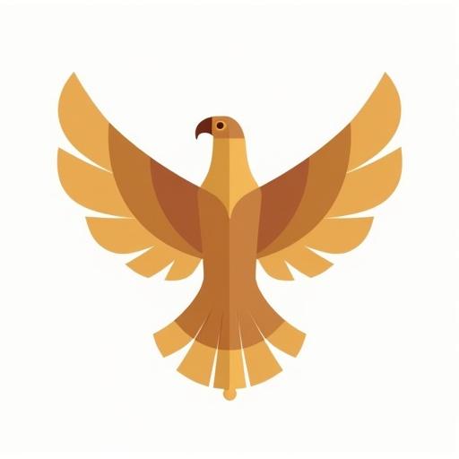 Flat geometric abstract representation of an Arabian eagle in Bauhaus style. Simple shapes used include circles rectangles and triangles. Eagle appears majestic and iconic. Clean lines and symmetry presented. Solid ochre color on a white background.