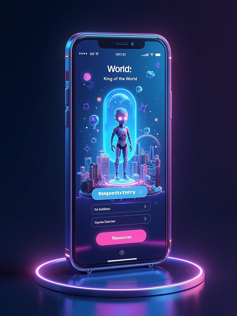 Futuristic social media app interface allowing creation of virtual worlds. Integrates 3D environment with interactive elements. Features AI avatar 'King of the World'. Includes floating holographic assistant. Buttons for entry requests, guidelines, and resources. Sleek minimalist design with vibrant neon colors and holographic effects. Represents a portal to different realms.