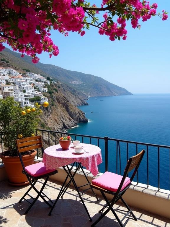 High-angle shot of a coastal terrace showing a round black bistro table with a pink patterned tablecloth. Two white coffee cups and a vase with roses are on the table. Two wooden chairs with pink cushions are placed nearby. Black railing surrounds the terrace, overlooking a deep blue sea and a clear light blue sky. Foreground features a clay pot with a lemon tree and vibrant yellow fruits. Pink bougainvillea branches hang above the terrace. Background features white and terracotta-roofed buildings on a steep hillside sloping to the water. The scene conveys tranquility and a charming seaside atmosphere.