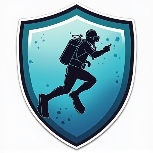 Design a sticker to celebrate a successful participation in a try dive. The sticker should be in the shape of a shield. Include a diver in full gear on the sticker. The design should be appealing and reminiscent of underwater activities.