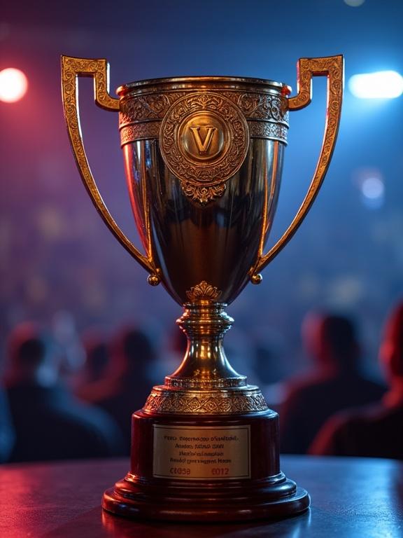 Ornate trophy representing a sports tournament with bright lighting and a blurred audience in the background. Two esports teams sitting at computers playing against each other in Company of Heroes 3 theme.