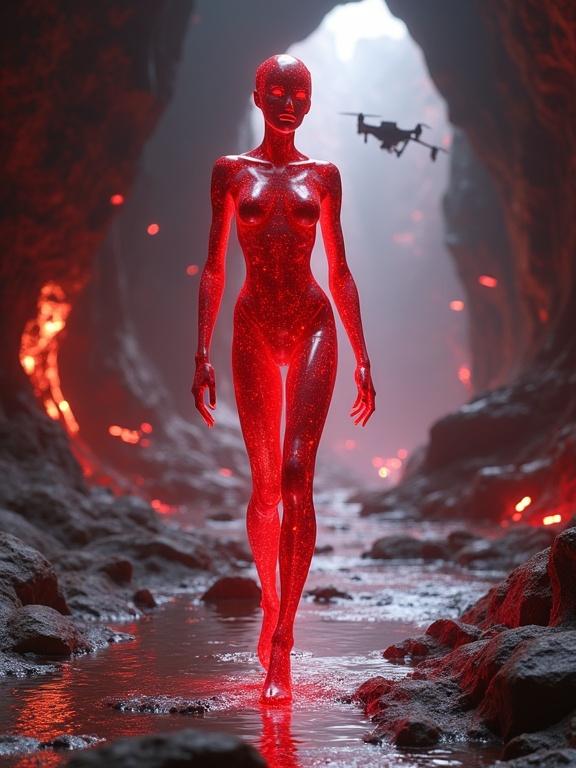 Hyperrealistic 3D render of humanoid female entity made of pulsating red crystal. Alien and sleek design. Walking in enormous underground cavern with dark alloy walls and glowing mineral veins. Holographic glyphs on ceiling. Drones hover in air. Lighting creates complex light patterns on body.