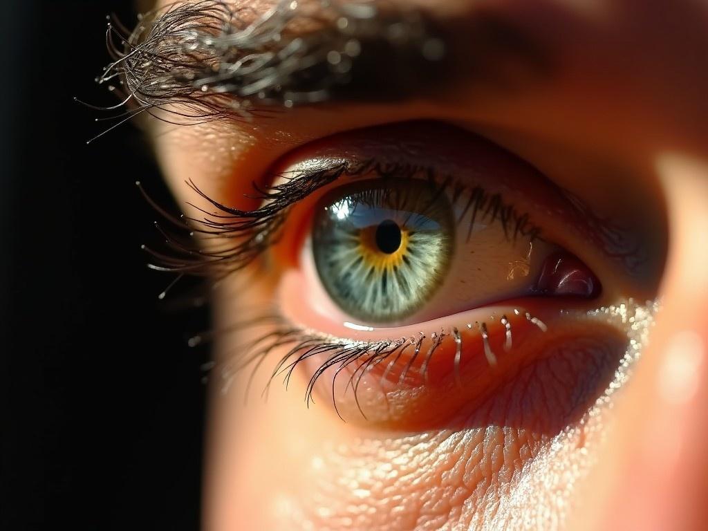 This image features a striking close-up of a human eye, likely belonging to a Sufi master. The eye showcases intricate details with a dominant color palette of blue and green, enhanced by sunlight highlighting its unique textures. Shadows play delicately across the skin surrounding the eye, adding depth and contrast. The focus is firmly on the captivating iris and pupil, evoking a sense of spirituality and deep contemplation. This visually stunning representation can inspire themes of insight, perception, and enlightenment.