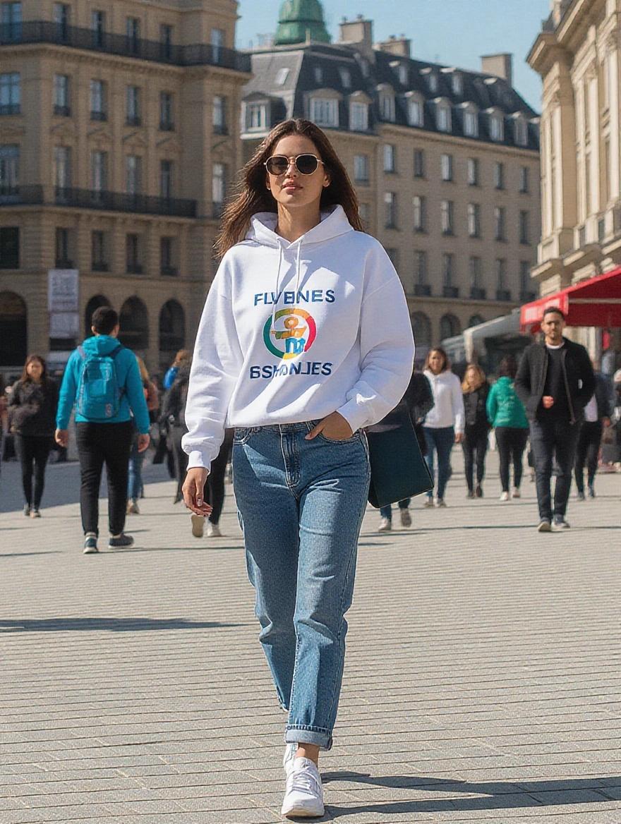 Teacher in a white hoodie walking through a sunny street with people around.