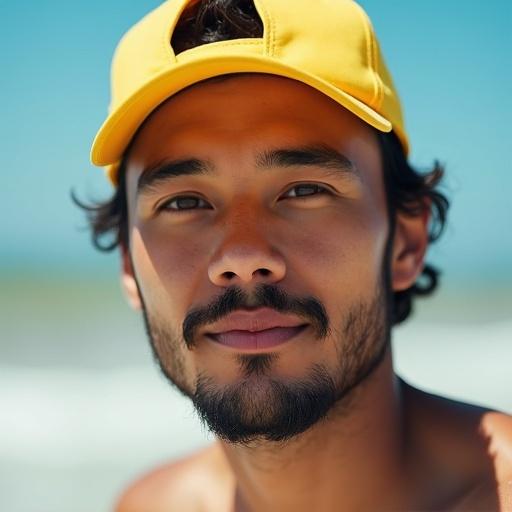 Close-up shot of a man with neatly trimmed beard and short hair. He wears a yellow cap backward. The background shows an outdoor beach setting. A laid-back and slightly surf-inspired vibe is evident.