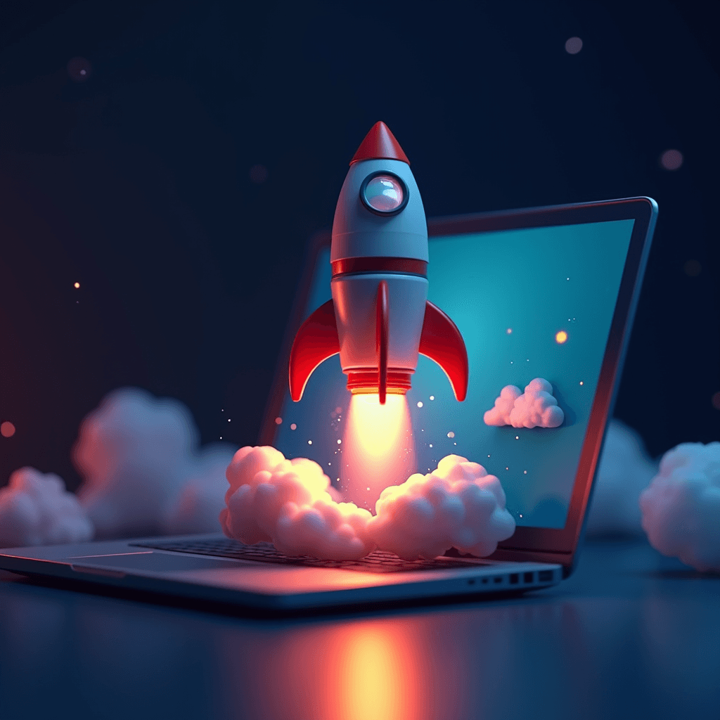 A cartoon rocket emerges from a laptop screen amid fluffy clouds and glowing exhaust, symbolizing innovation and digital advancement.